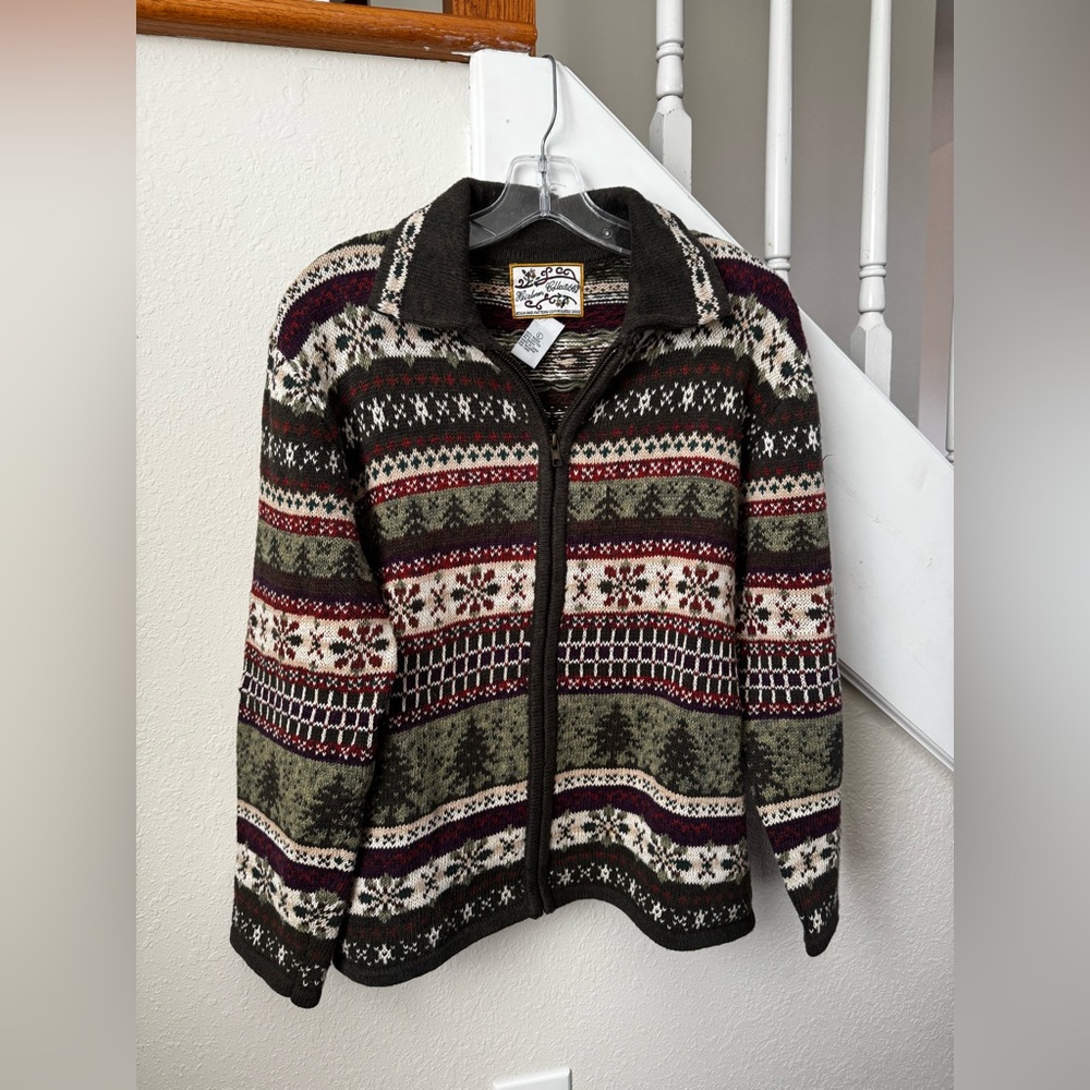 VTG Heirloom Collectibles Fair Isle Zip Up Cardigan Sweater Large Pine Tree Y2K